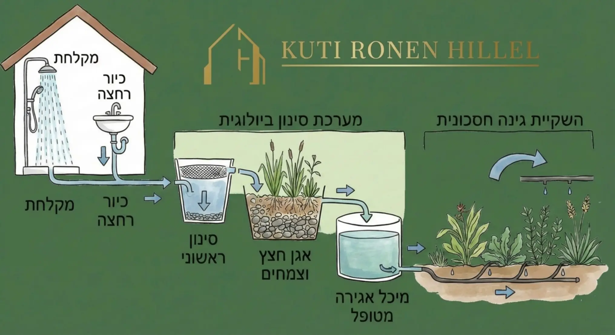 תרשים זרימה המדגים את תהליך מחזור המים האפורים בבית פרטי מהמקלחת וכיורי הרחצה, דרך מערכת סינון ביולוגית ועד לשימוש חוזר להשקיית גינה חסכונית