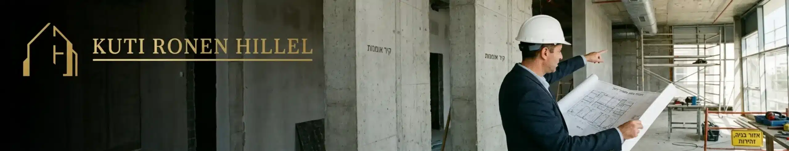 תמונה מקצועית של אדריכל מחזיק תוכניות שרטוט מודפסות ומשווה אותן מול חלל מסחרי אמיתי כגון מסעדה או חנות תוך כדי הצבעה על אחד הקירות