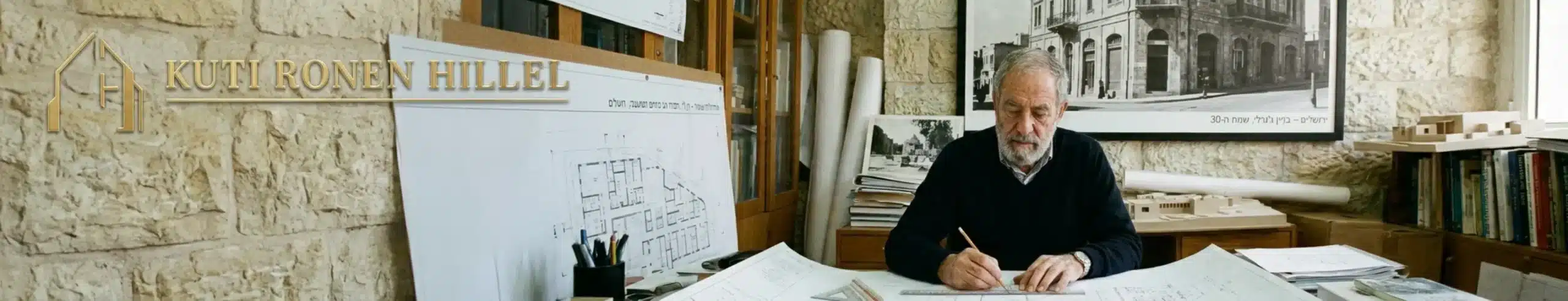 צילום של אדריכל יושב במשרד ומשרטט על גבי תוכניות בנייה גדולות, כשברקע מונח צילום ישן בשחור לבן של בניין היסטורי ישראלי