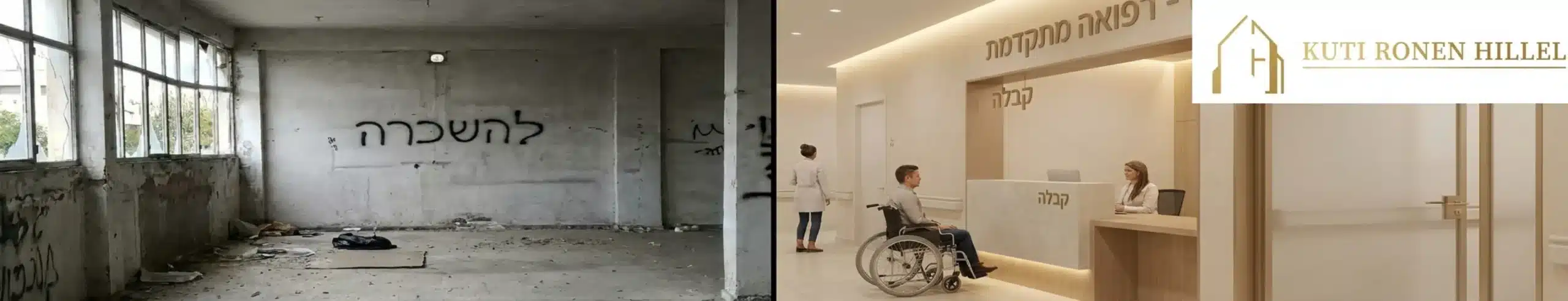 תמונה מפוצלת המראה בצד אחד חלל מסחרי ריק ומוזנח ובצד השני הדמיה אדריכלית מציאותית של קליניקת מומחים מעוצבת ונקייה, עם תאורה רכה מוסתרת, דלפק קבלה נגיש המותאם לכיסא גלגלים, ודלתות רחבות ונטולות ספים