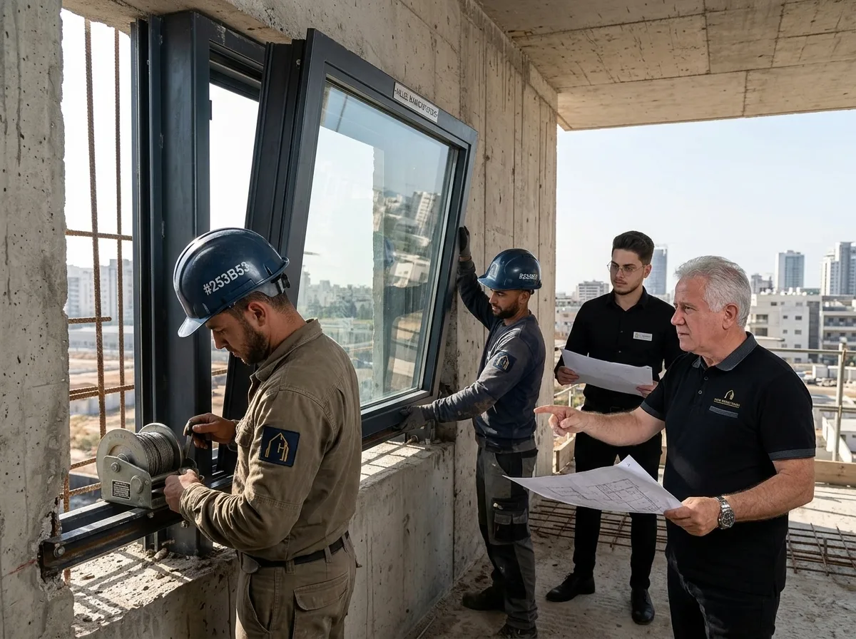 פועל בניין מקצועי עם קסדה מתקין חלון פלדה כבד של ממ