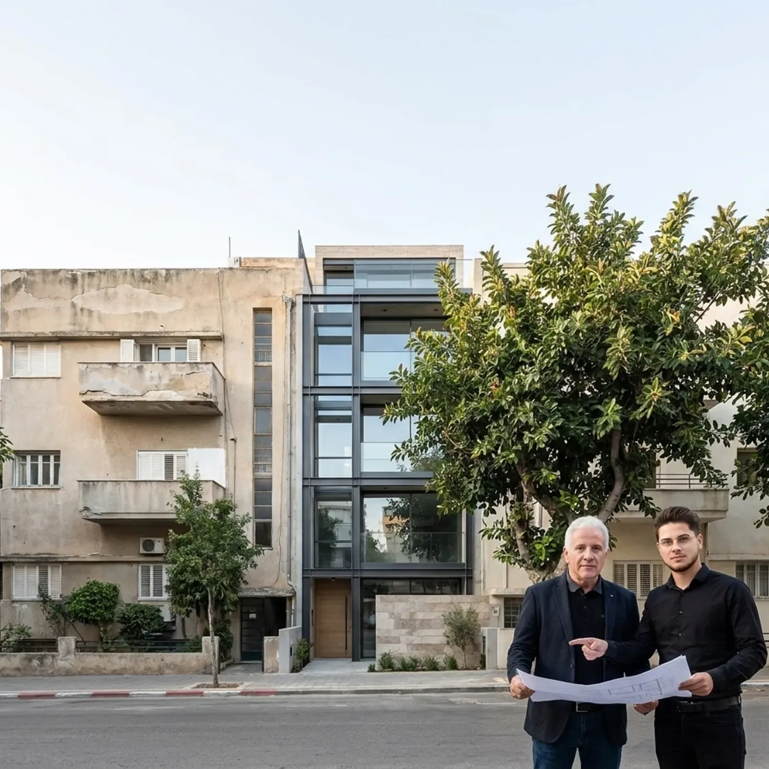 צילום פוטו-ריאליסטי באור יום טבעי של חזית בניין מודרני וצר בתל אביב המשתלב בהרמוניה בין שני בנייני באוהאוס ישנים ברחוב תל אביבי עם עצי פיקוס, זווית צילום מגובה הרחוב, ללא טקסט או שלטים