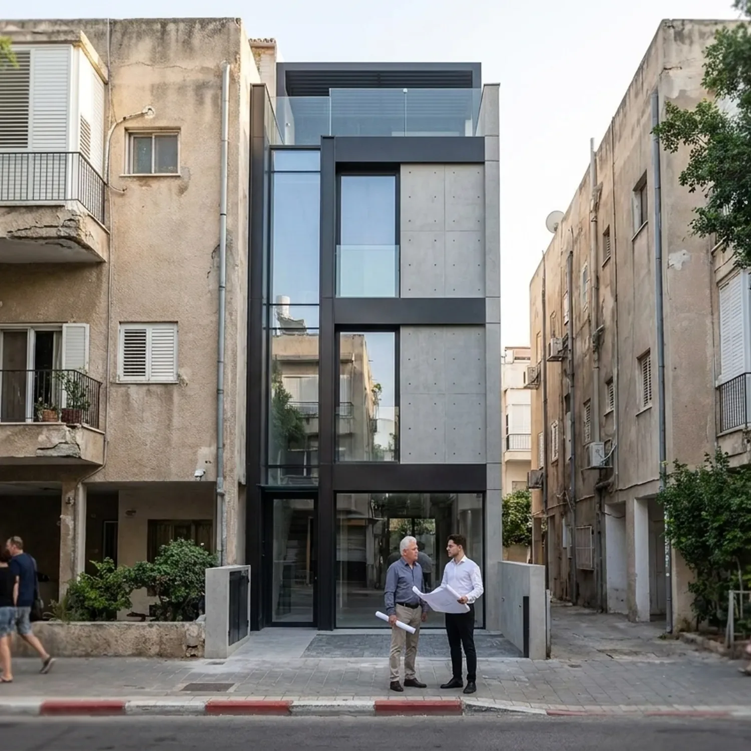 חזית של מבנה מודרני וצר המשתלב בחוכמה בין שני בניינים ישנים ברחוב תל-אביבי אופייני.